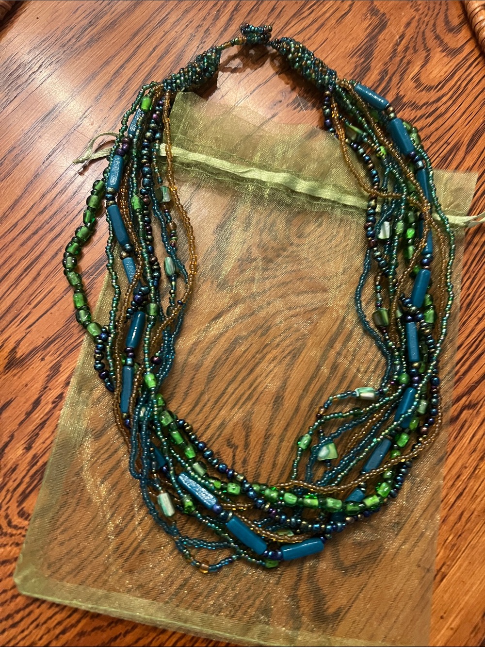 Multi-Strand Beaded Necklace in Teal and Green